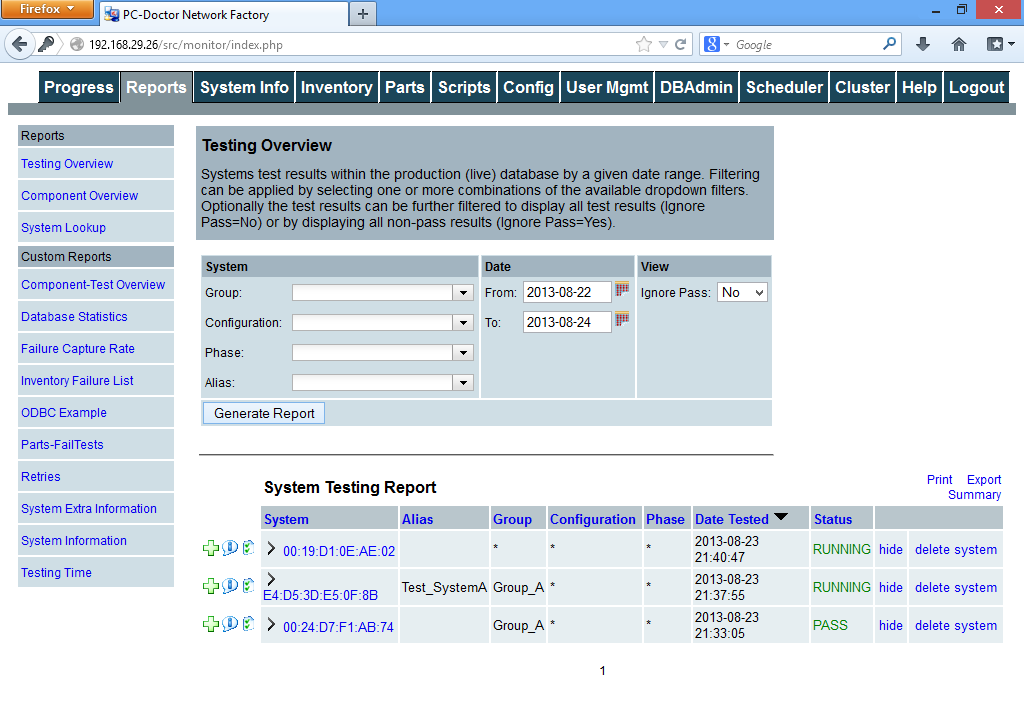 Network Factory Server Reports