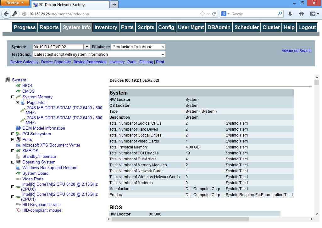 Network Factory Server System Information